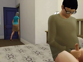 继母发现她胖儿子正在自慰，这帮助他与她进行了第一次性行为